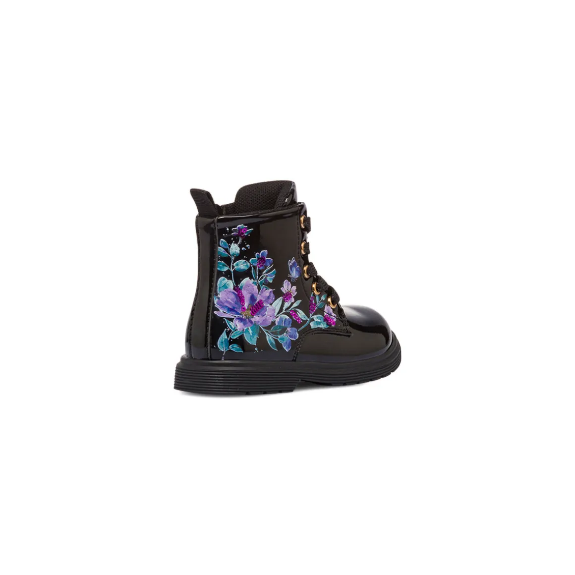 Stivaletti bambina neri effetto vernice con dettagli fiori Le Scarpe di Alice
