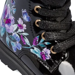 Stivaletti bambina neri effetto vernice con dettagli fiori Le Scarpe di Alice