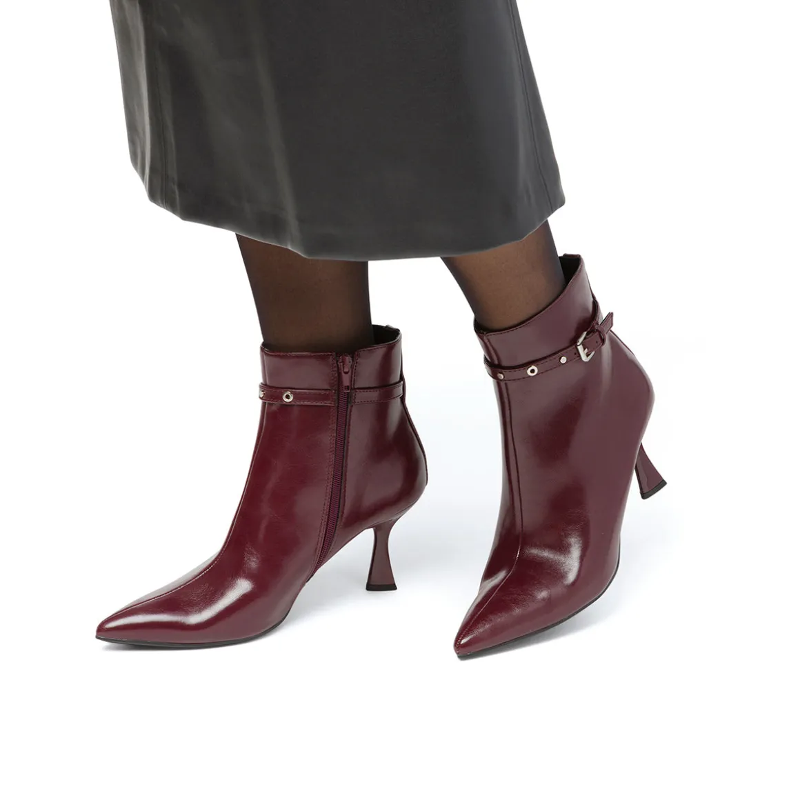 Stivaletti con tacco 7,5 cm da donna bordeaux burgundy con cinturini Lora Ferres
