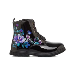Stivaletti da ragazza neri effetto vernice con stampa fiori Le Scarpe di Alice