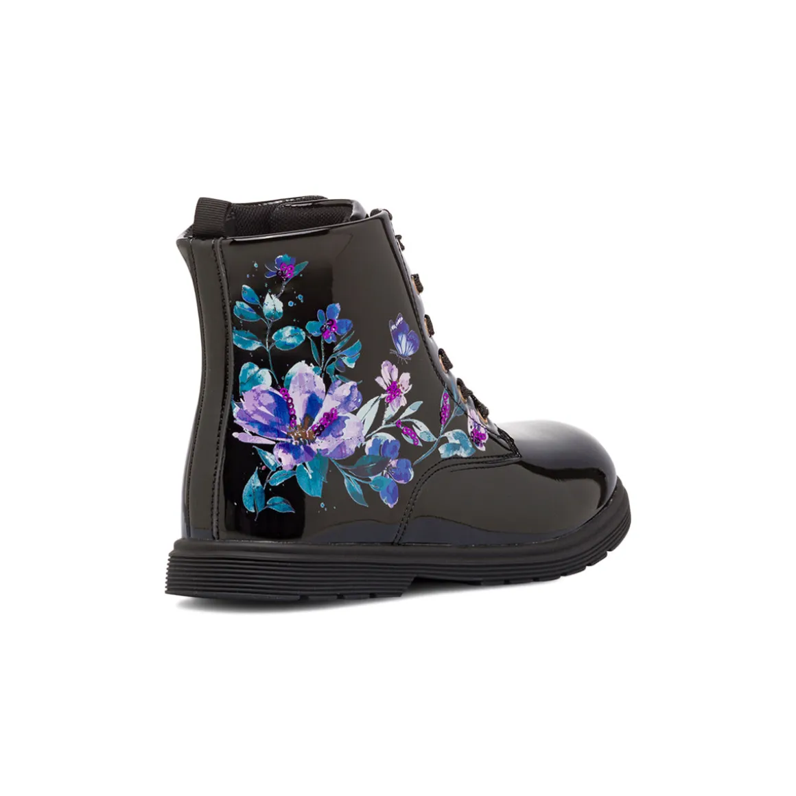 Stivaletti da ragazza neri effetto vernice con stampa fiori Le Scarpe di Alice