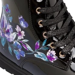 Stivaletti da ragazza neri effetto vernice con stampa fiori Le Scarpe di Alice