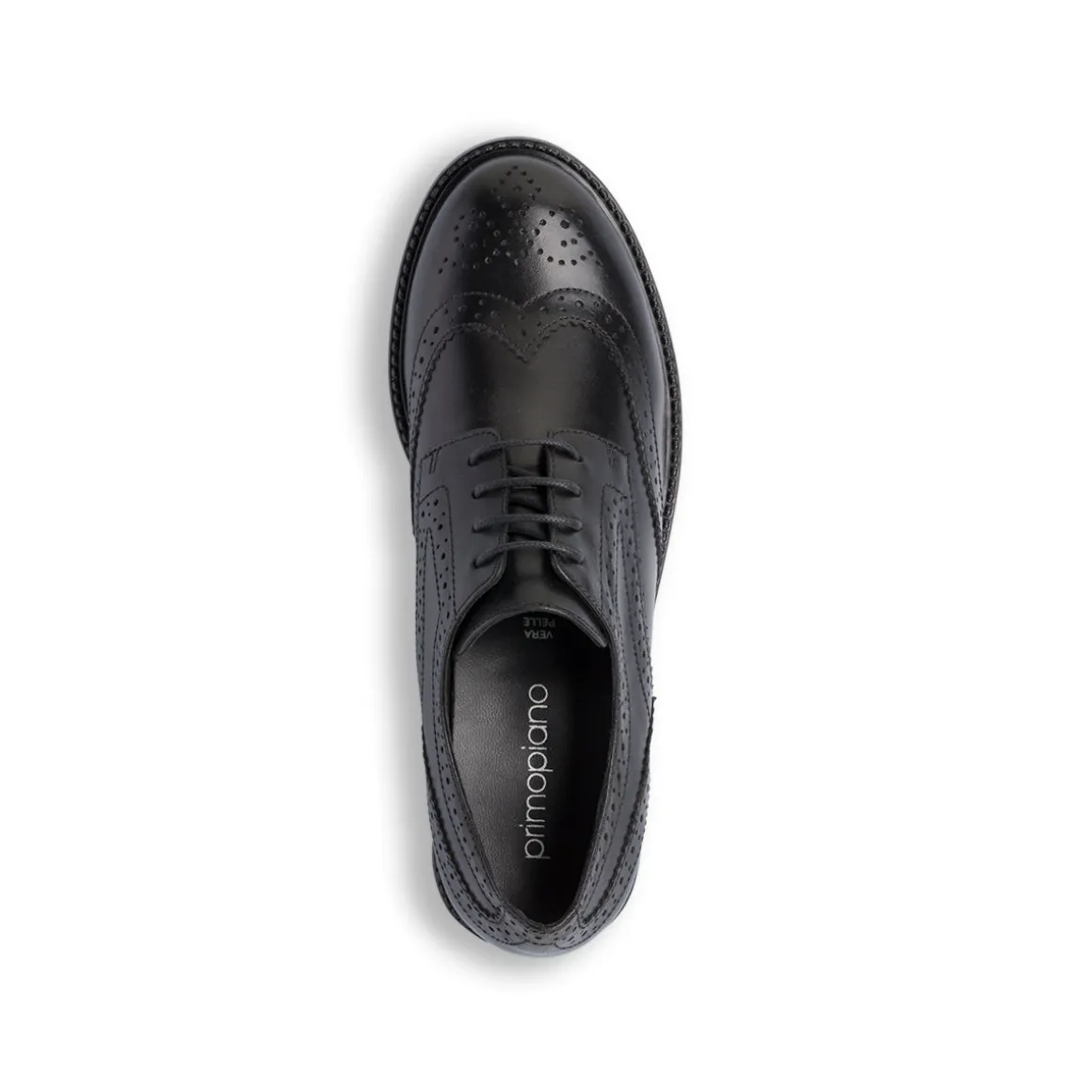 Stringate derby nere da Donna in pelle con dettaglio Brogue Primopiano