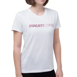 T-shirt bianca da donna in cotone con logo rosa Ducati Corse