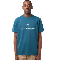 T-shirt da uomo blu ottanio in cotone con logo bianco Tonino Lamborghini
