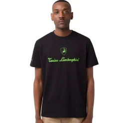 T-shirt da uomo nera in cotone con logo verde fluo Tonino Lamborghini