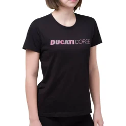 T-shirt nera da donna in cotone con logo rosa Ducati Corse