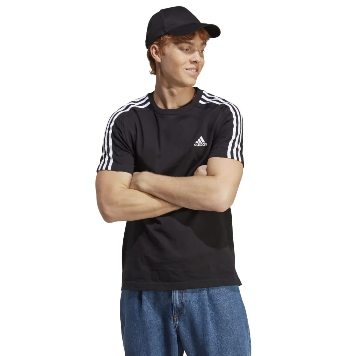 T-shirt nera da uomo con logo sul petto adidas Essentials 3-Stripes