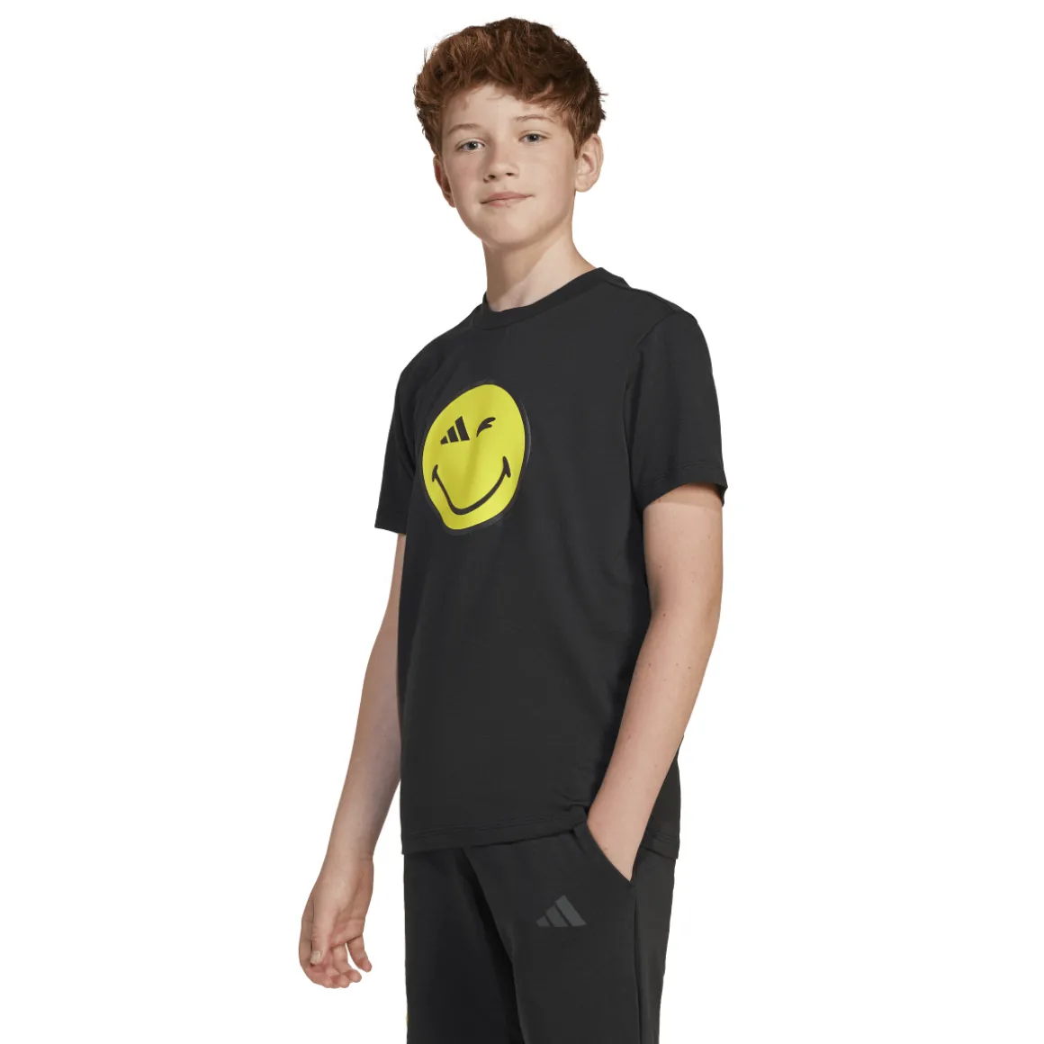 T-shirt nera in cotone da ragazzi con stampa Smile adidas