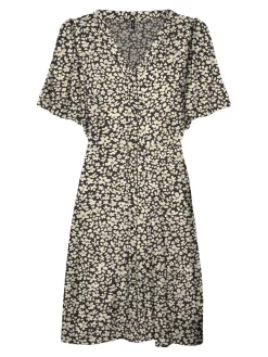 Vestito da donna nero con fantasia a fiori bianchi e con bottoni frontali Vero Moda
