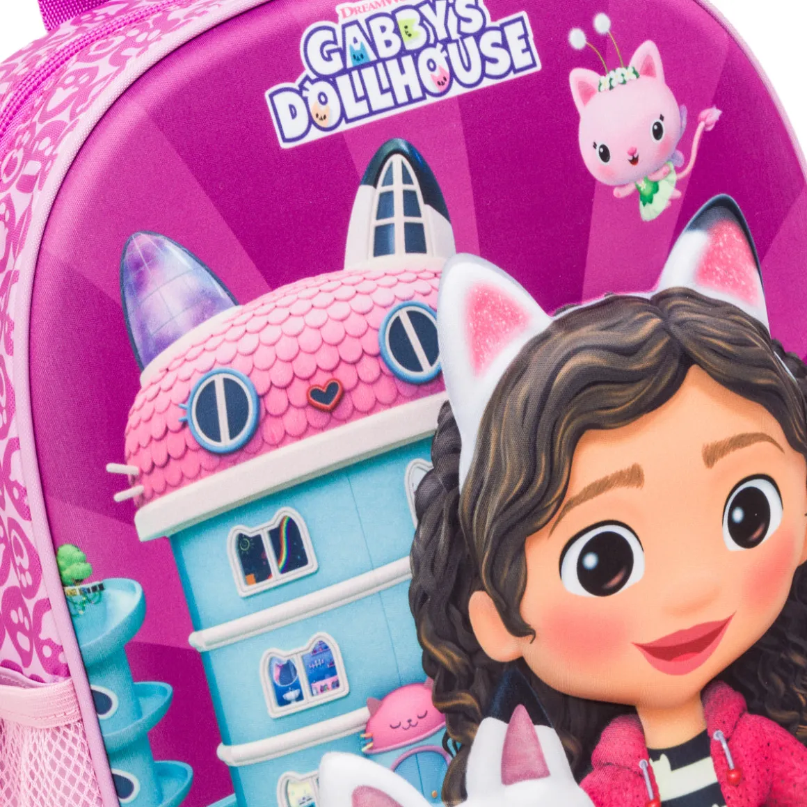 Zaino da scuola piccolo azzurro e lilla con dettaglio La casa delle bambole di Gabby