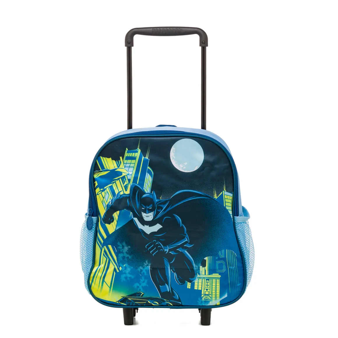 Zaino trolley da scuola nero blu e giallo con stampa Batman